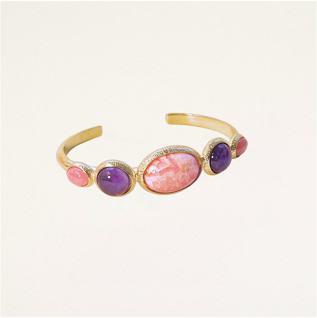 bracelet multipierres, pierres semi precieuses, rose, violet
