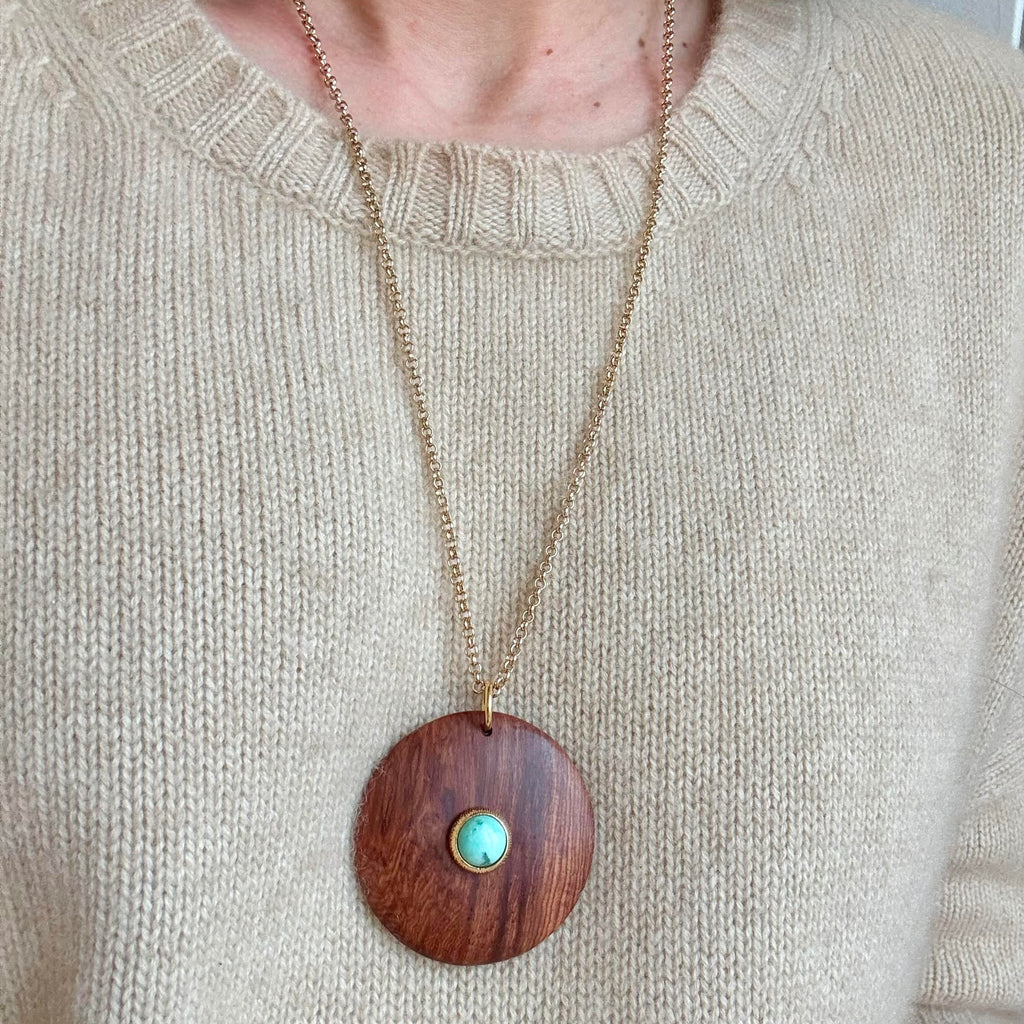 pendentif, collier en bois, chrysocolle, pierre semi précieuse