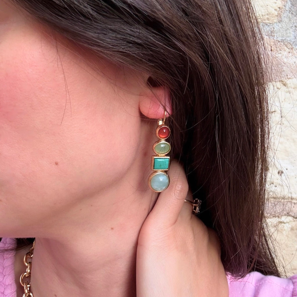 boucles d'oreilles, Aigue marine, Turquoise, Aventurine, Cornaline orange