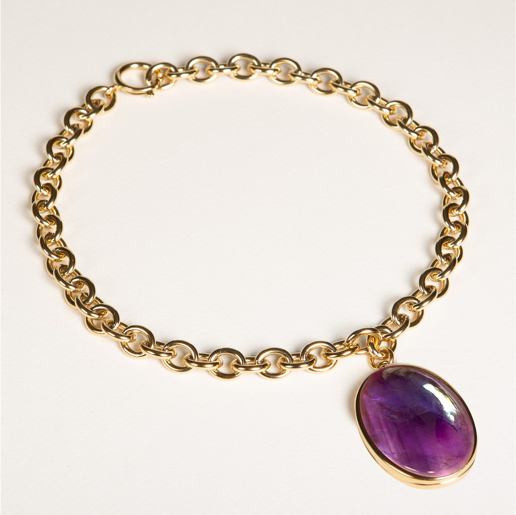 collier XXL, grosse maille, chaîne, or, améthyste, pierre semi précieuse