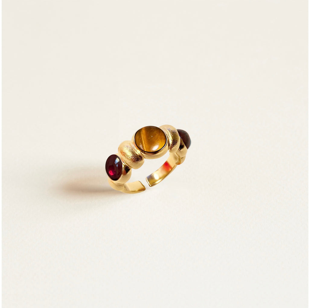 bague, trois pierres, oeil de tigre, grenat