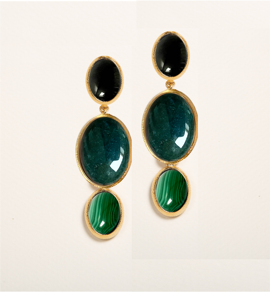 boucles d'oreilles, onyx, jaspe vert, malachite, pierre semi précieuse