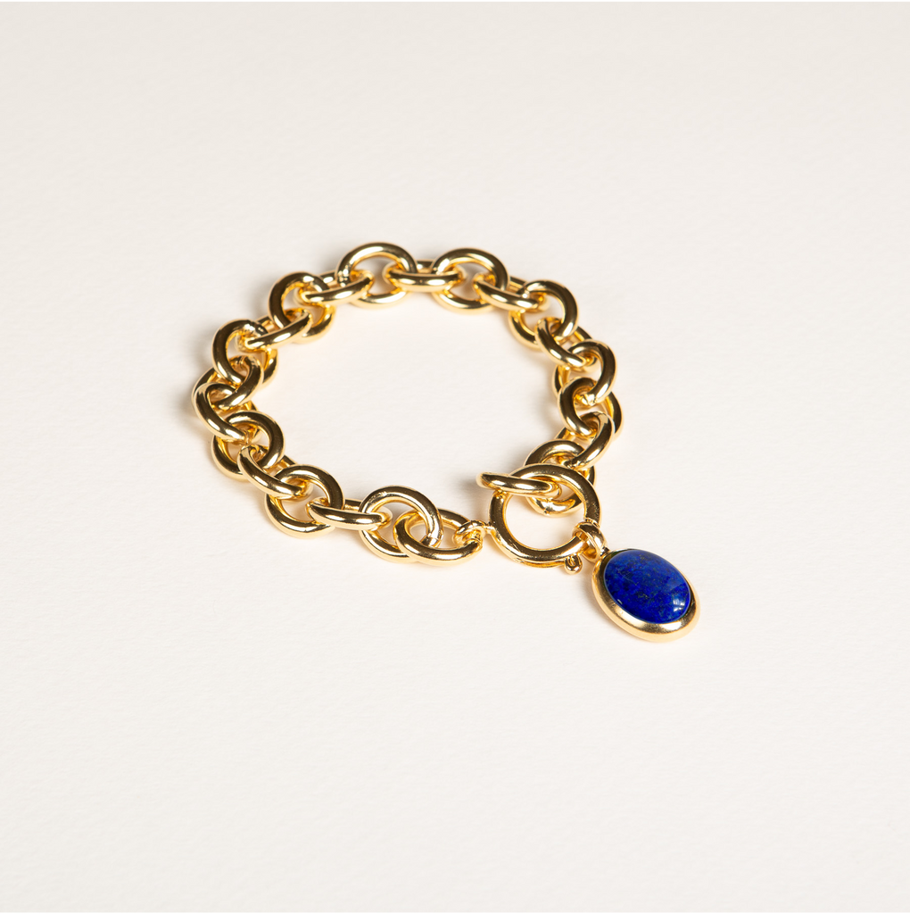 bracelet en or, charm, lapis lazuli, pierre semi-précieuse