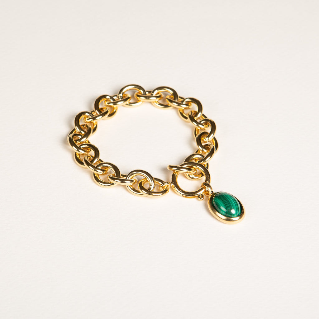 bracelet en or, charm, malachite, pierre semi-précieuse
