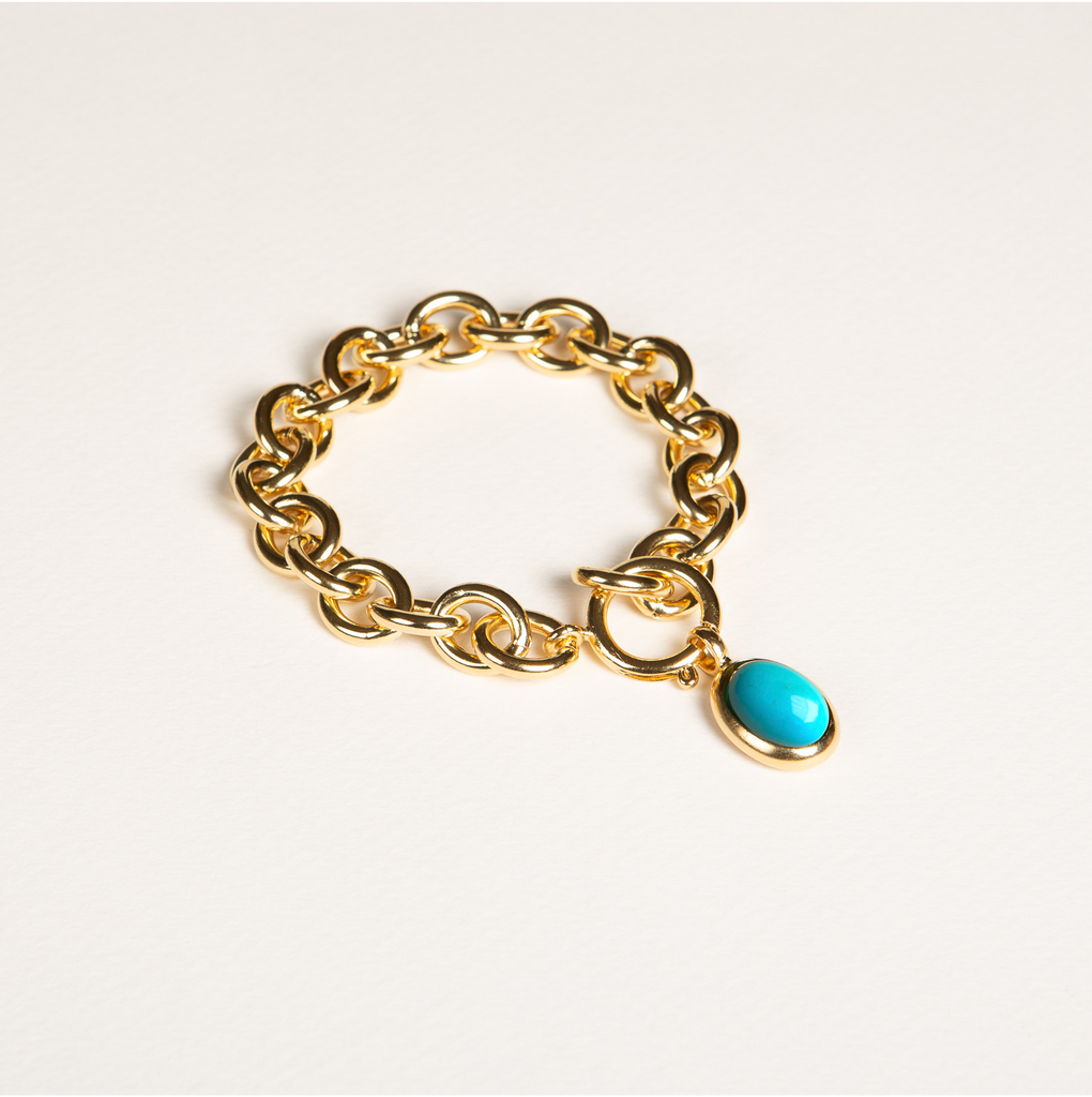 bracelet en or, charm, turquoise, pierre semi-précieuse