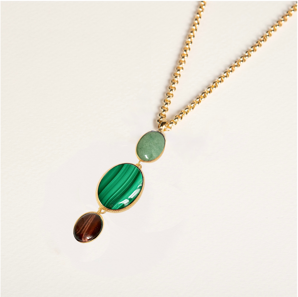 collier, pendentif, pierre naturelle, aventurine, malachite, oeil de taureau