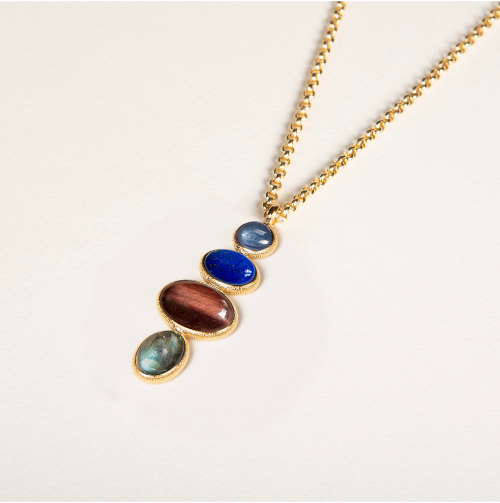 collier XXL, pendentif long, pierres semi précieuses, lapis lazuli, cyanite, oeil de taureau, labradorite