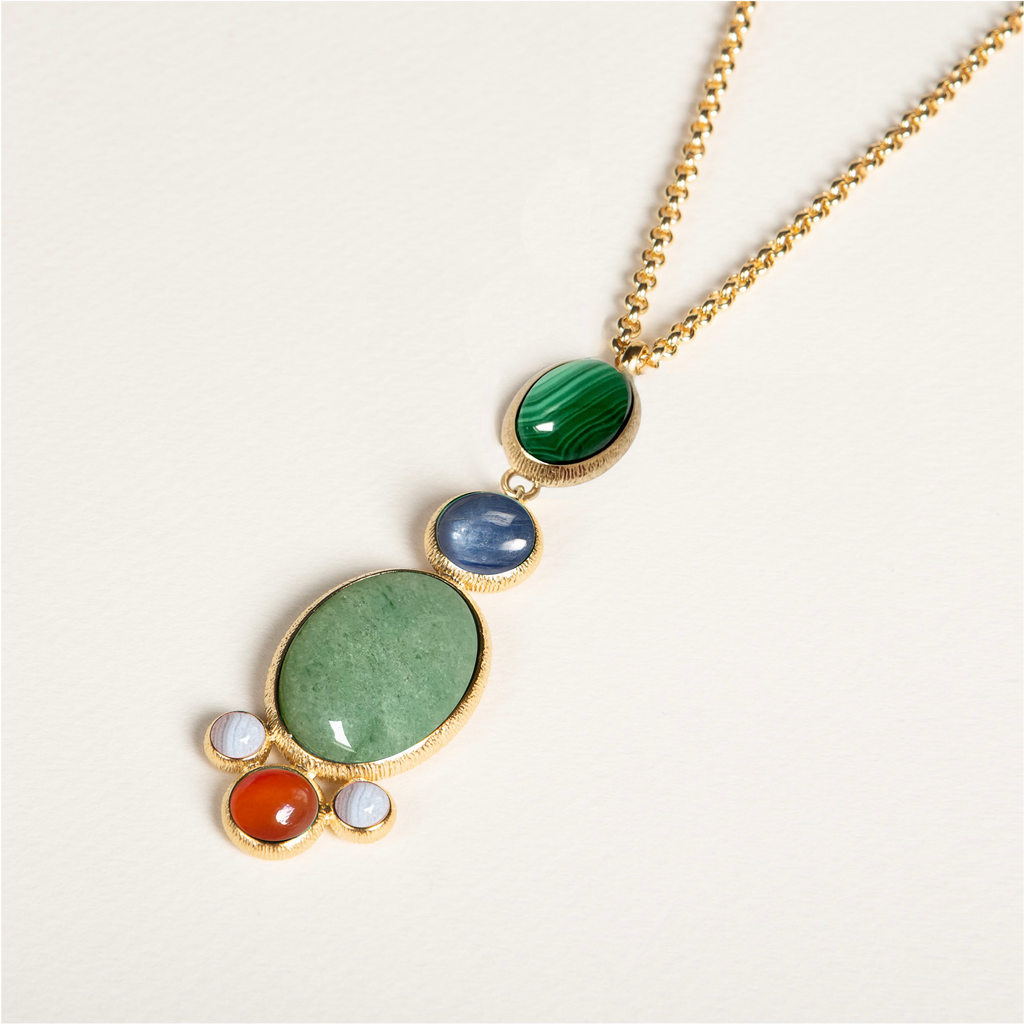 collier, pendentif, aventurine, malachite, pierres semi précieuses