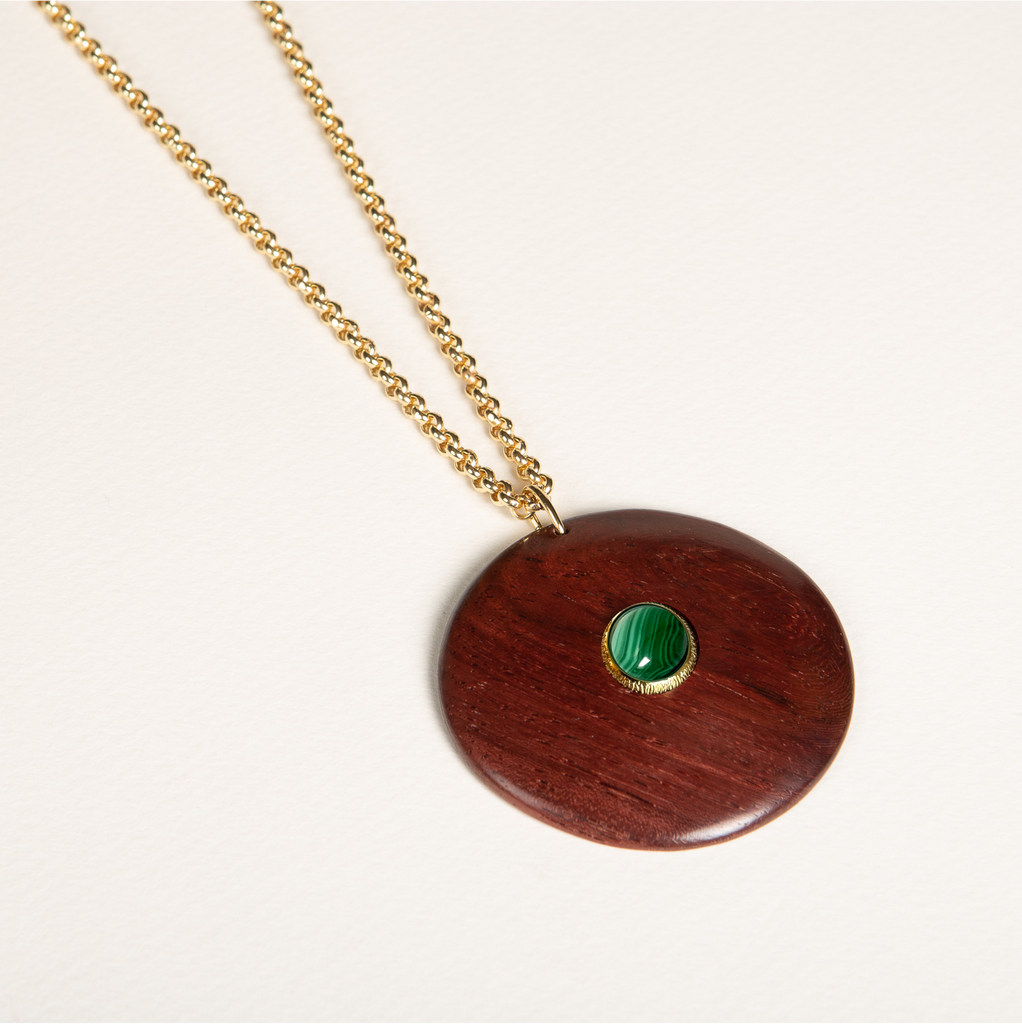 pendentif, collier en bois, malachite, pierre semi précieuse
