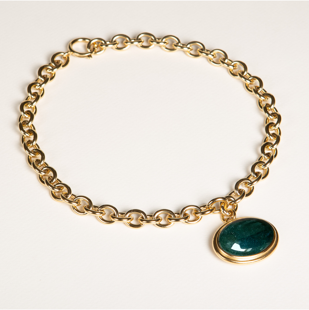 collier XXL, grosse maille, chaîne, or, jaspe vert, pierre semi précieuse