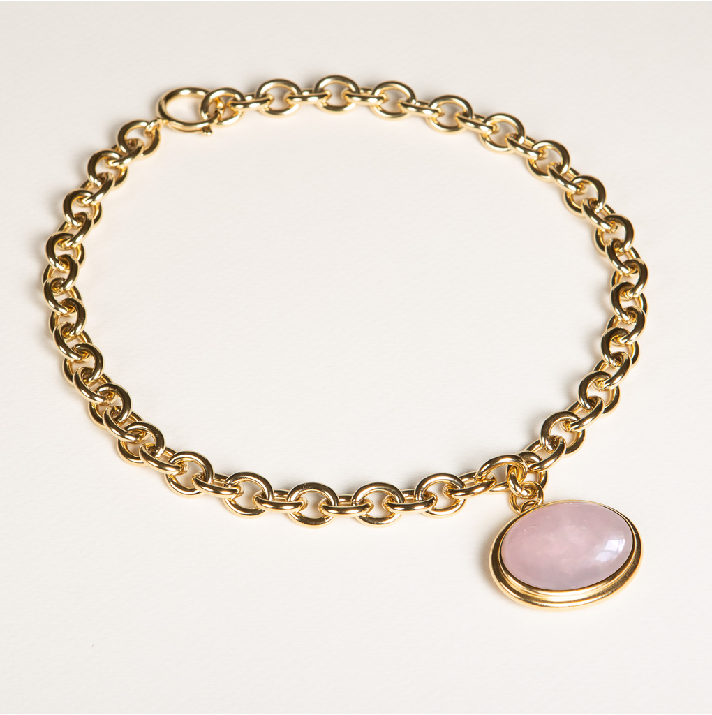 collier XXL, grosse maille, chaîne, or, quartz rose, pierre semi précieuse