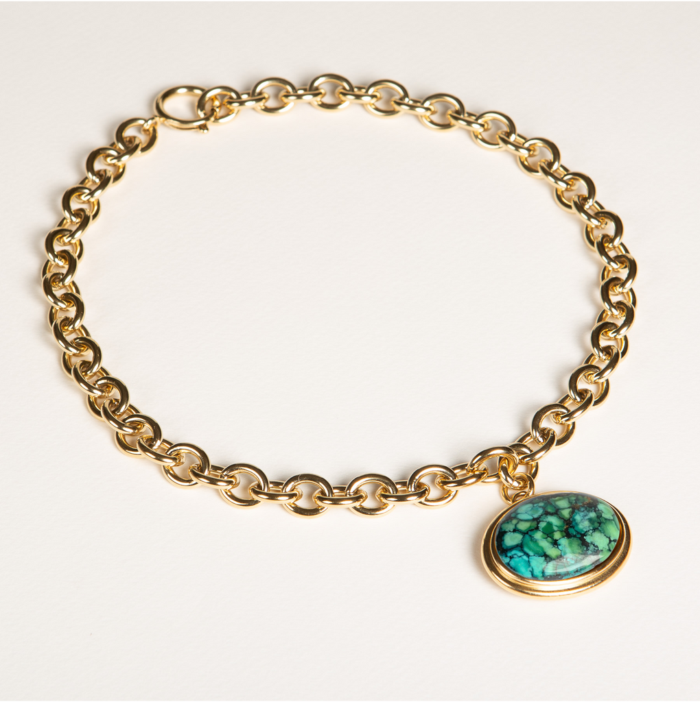 collier XXL, grosse maille, chaîne, or, turquoise, pierre semi précieuse