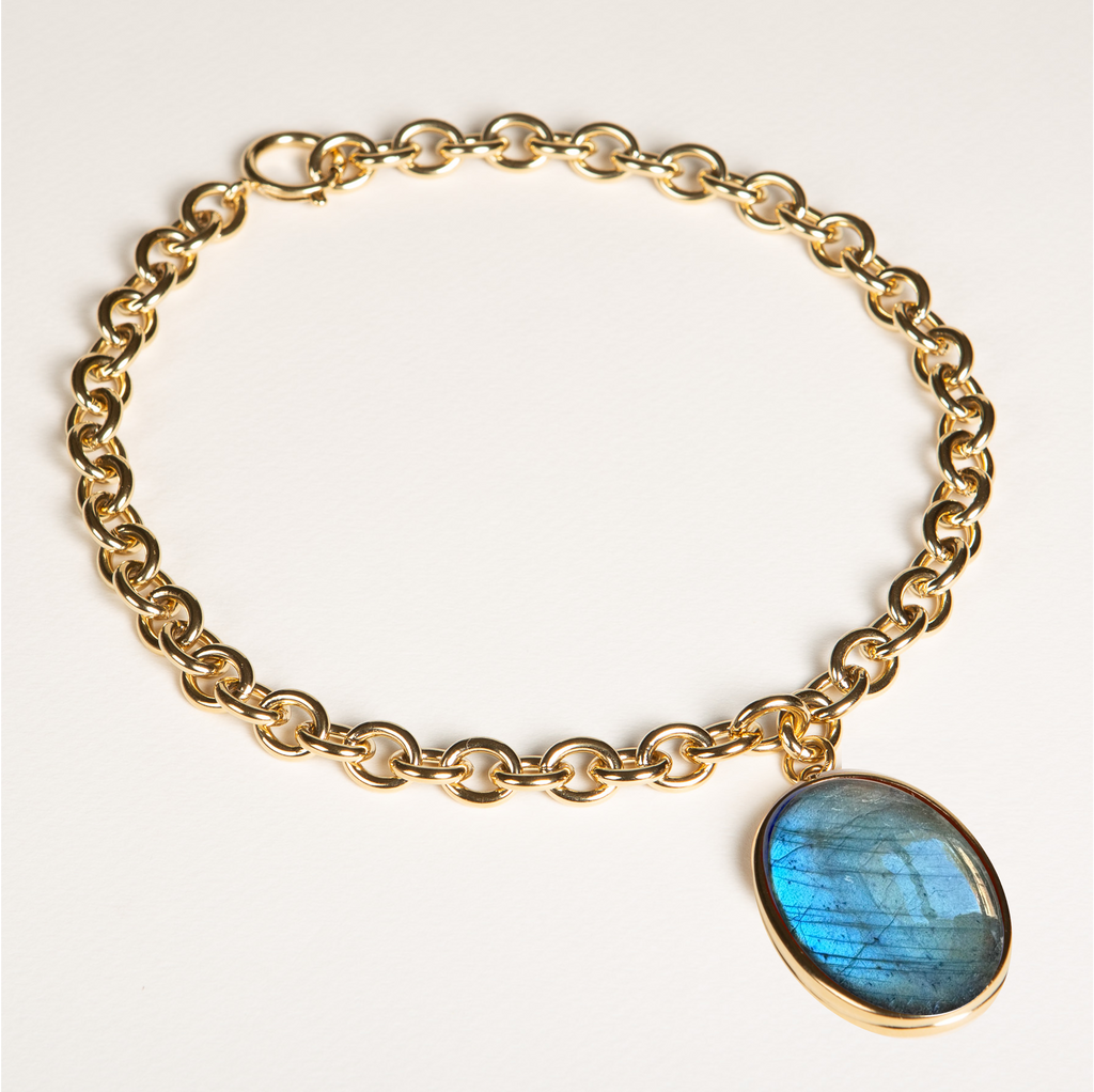 collier XXL, grosse maille, chaîne, or, labradorite, pierre semi précieuse