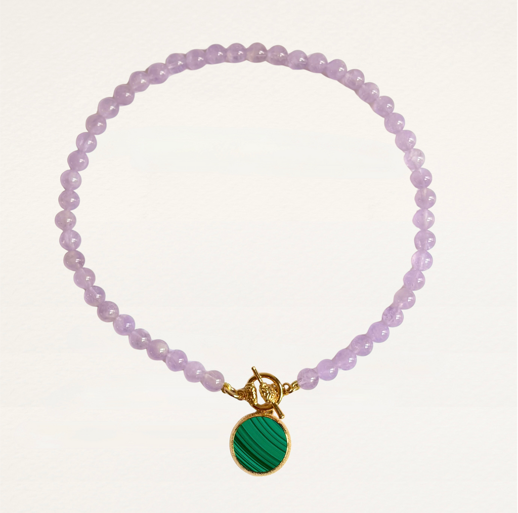 collier en pierres roulées, pierre semi précieuse, amethyste, malachite