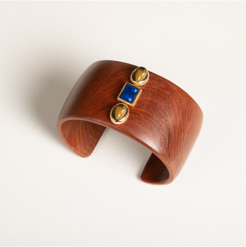 manchette en bois, oeil de tigre, lapis lazuli