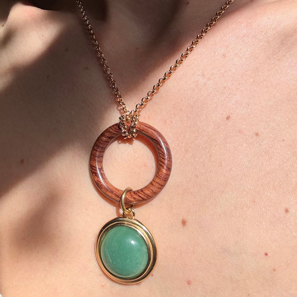 sautoir, collier en bois, aventurine, pierre semi précieuse