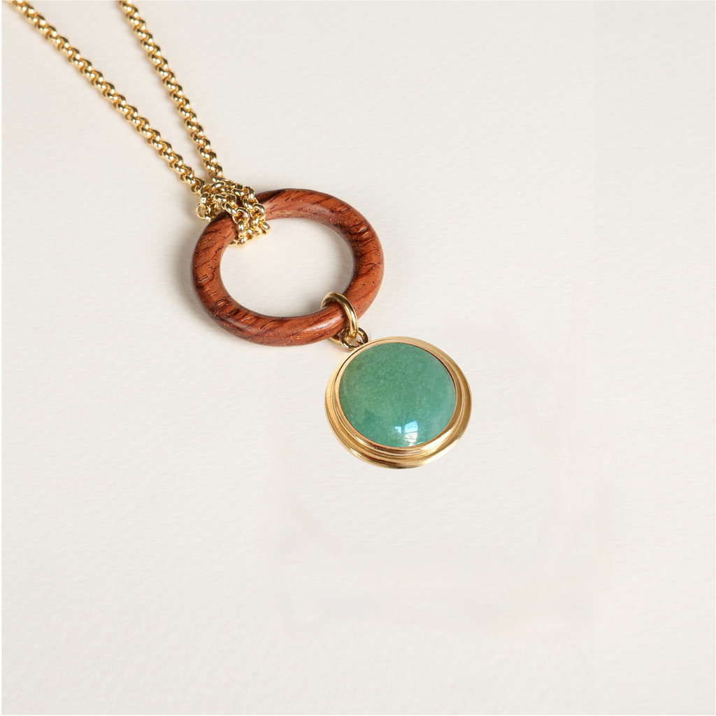 sautoir, collier en bois, aventurine, pierre semi précieuse