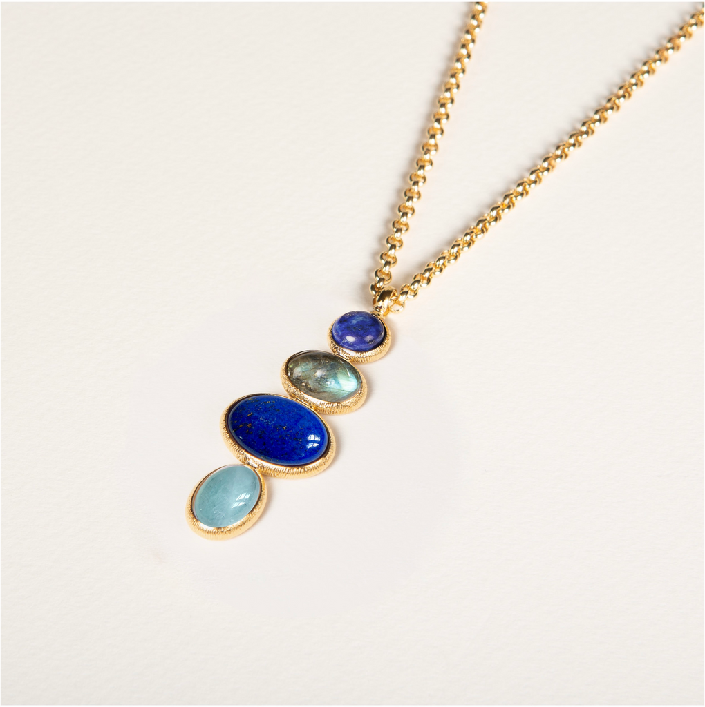 collier XXL, pendentif long, pierres semi précieuses, aigue marine, lapis Lazuli, sodalite, labradorite