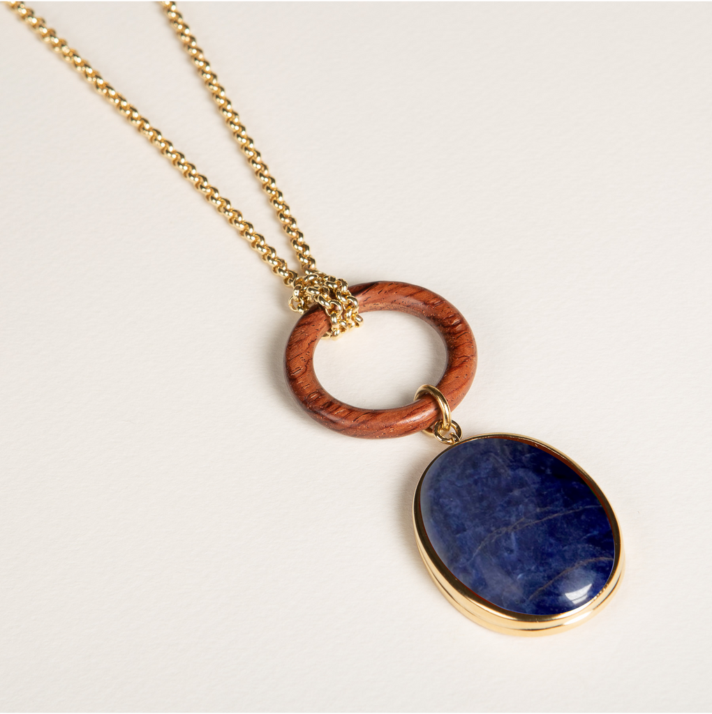 sautoir, collier en bois, sodalite, pierre semi précieuse