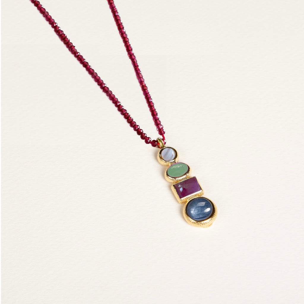 pendentif, collier, pierres semi précieuses, améthyste, cyanite, aventurine, calcedoine