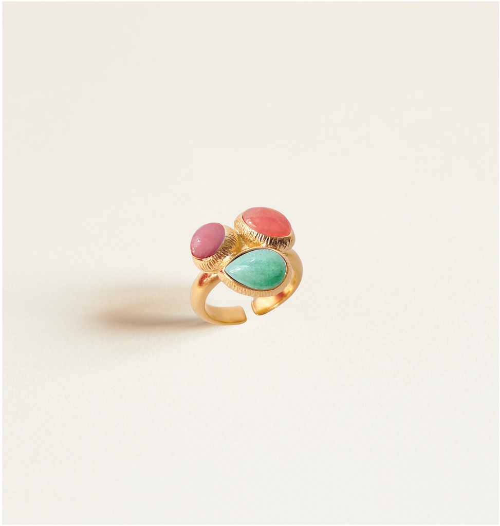 bague, trois pierres, rhodonite, rhodochrosite, aventurine