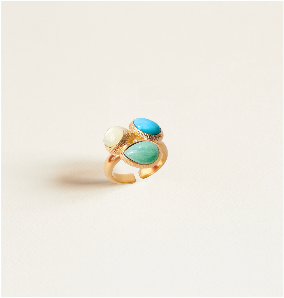 bague, trois pierres, nacre, turquoise, aventurine