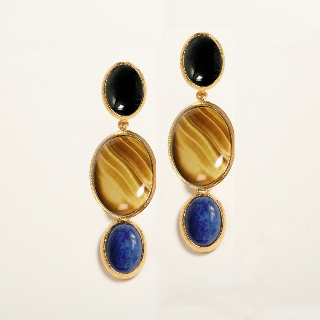 boucles d'oreilles, onyx, oeil de tigre, sodalite, pierre semi précieuse