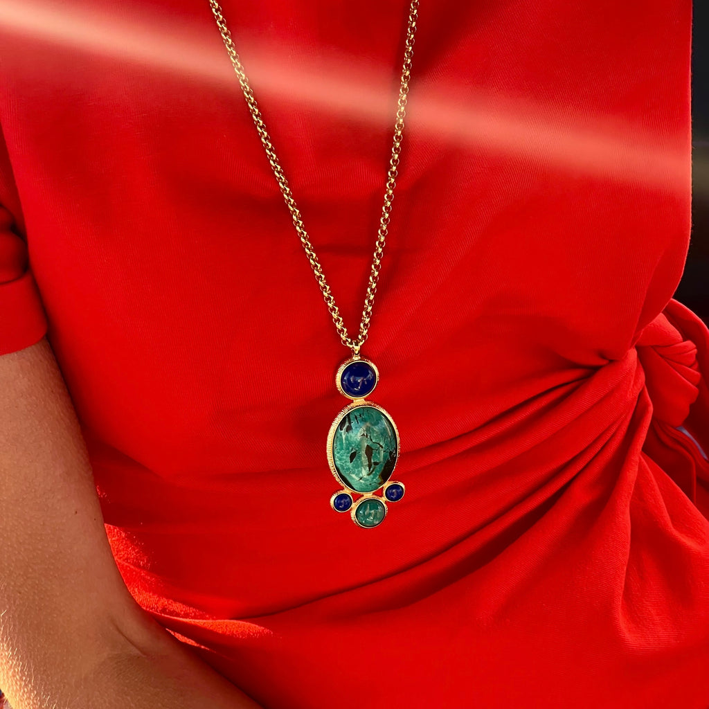 collier, pendentif, lapis lazuli, turquoise, pierres semi précieuses
