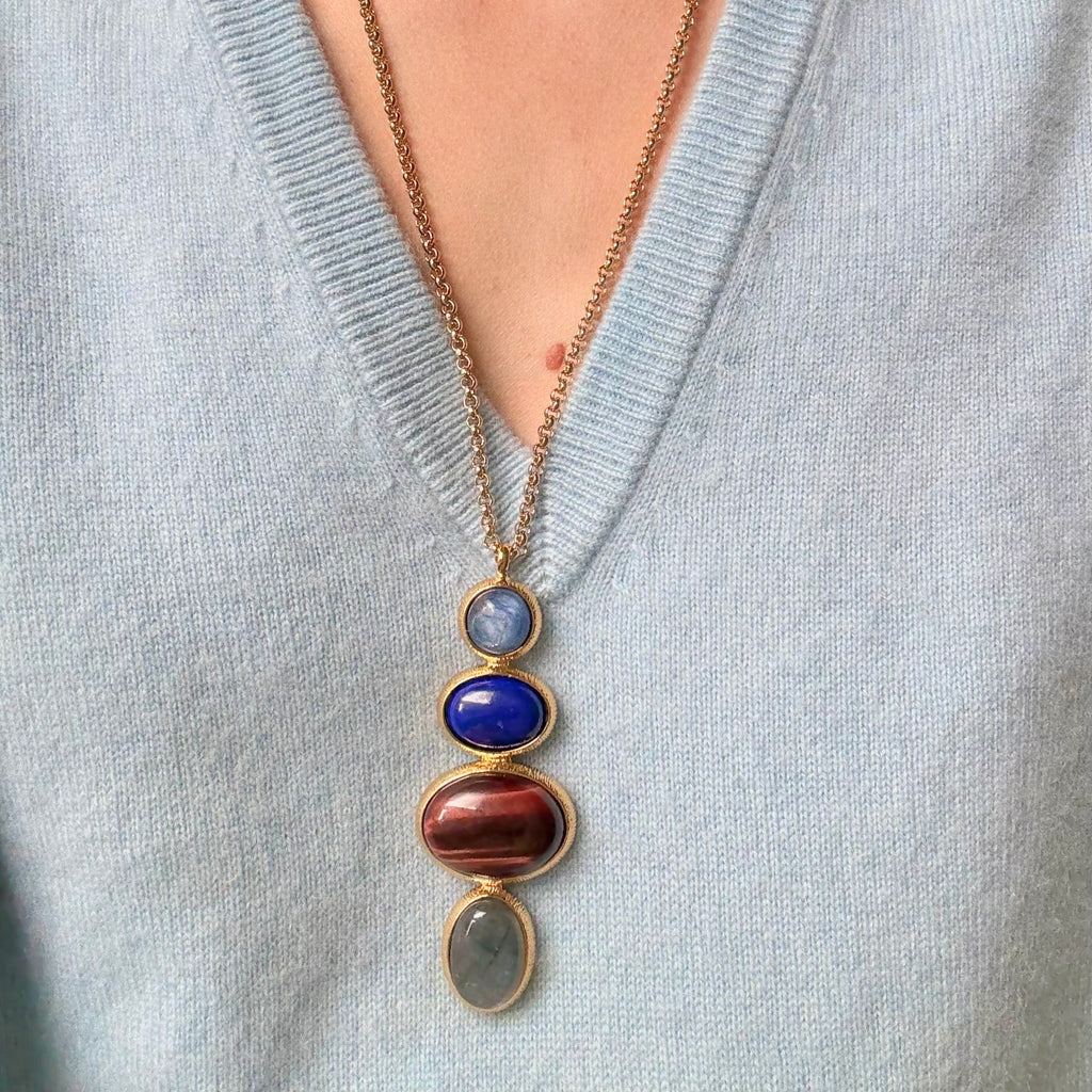 collier XXL, pendentif long, pierres semi précieuses, lapis lazuli, cyanite, oeil de taureau, labradorite