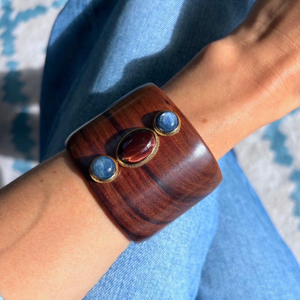 manchette en bois, cyanite, oeil de taureau