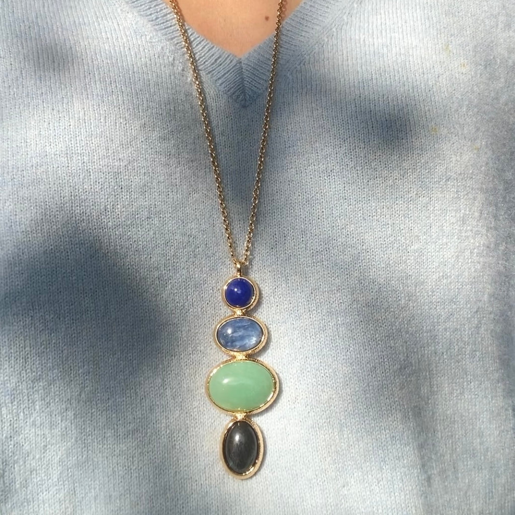 collier XXL, pendentif long, pierres semi précieuses, lapis lazuli, cyanite, aventurine, labradorite