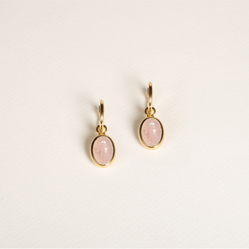 boucles d'oreilles, mini créoles, scarabée, quartz rose, pierre semi précieuse
