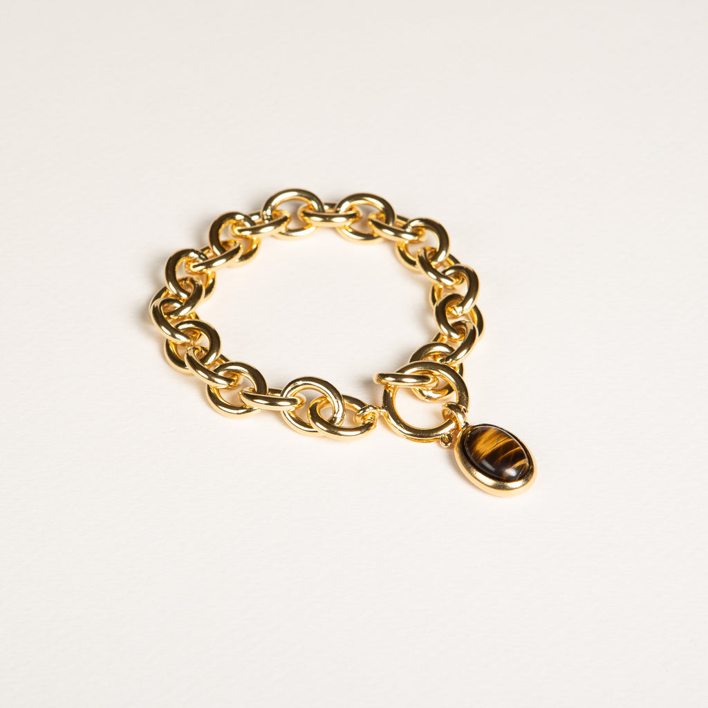 bracelet en or, charm, oeil de tigre, pierre semi-précieuse