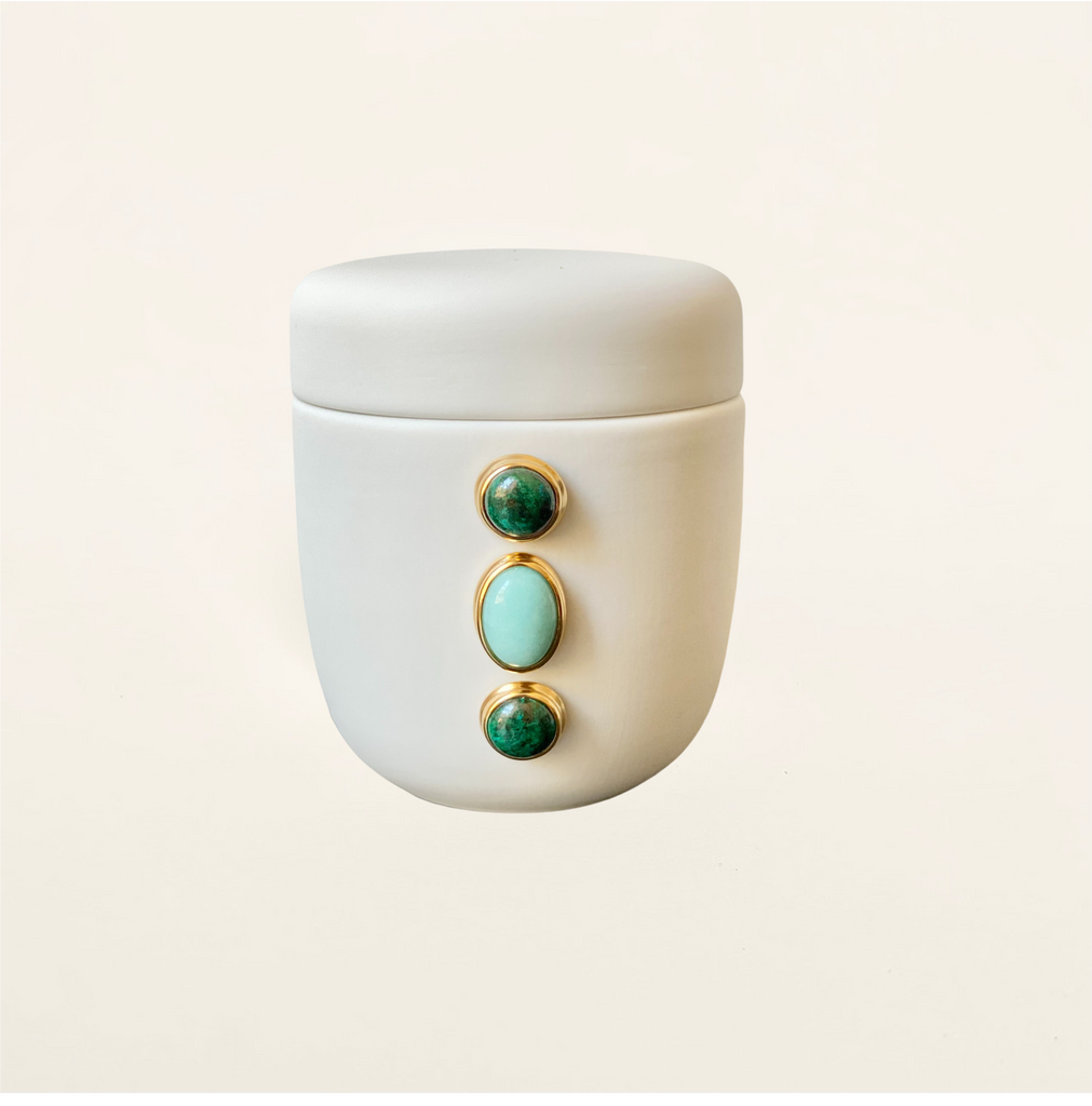 boîte en porcelaine, objets déco, amazonite, turquoises, pierres semi-précieuses