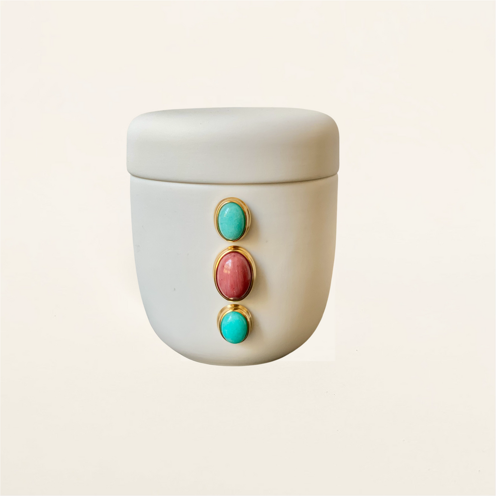 boîte en porcelaine, objets déco, amazonite, rhodonite, pierres semi-précieuses