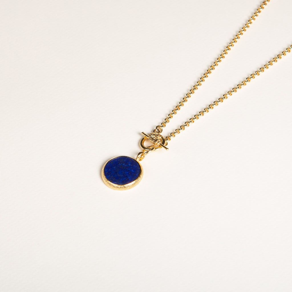 collier, pendentif, pierre ronde plate, lapis lazuli, pierre semi précieuse