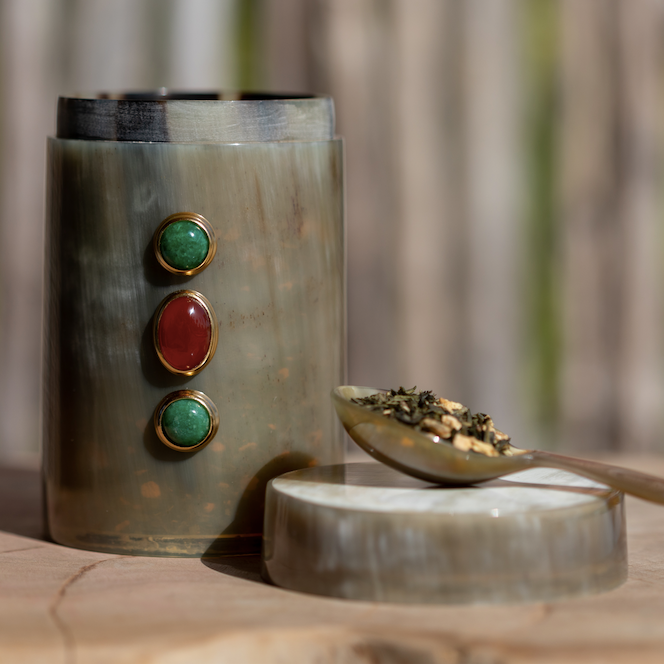 boîte à thé en corne, objets déco, turquoise verte, cornaline,  pierre semi-précieuse
